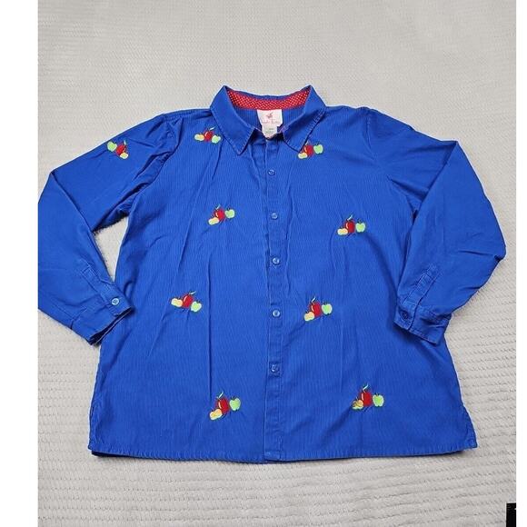 Quacker Factory Tops - Quacker Factory Shirt Womens XL Blue Corduroy Button Down Embroidered Apple
